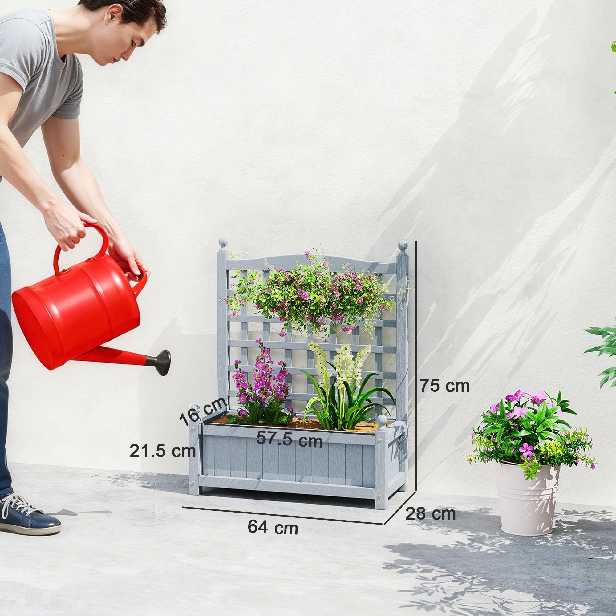 Gray wooden garden planter with lattice trellis and two leakage holes for climbing vines indoor outdoor use