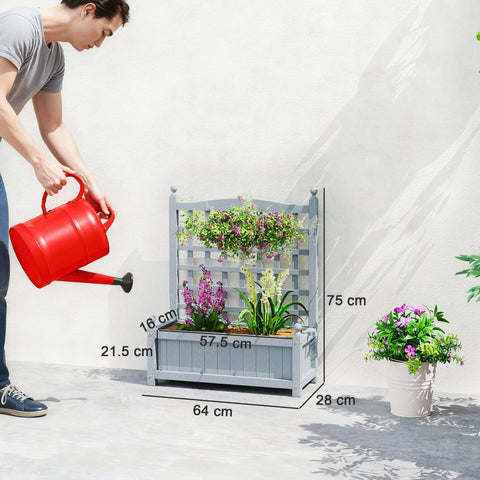 Gray wooden garden planter with lattice trellis and two leakage holes for climbing vines indoor outdoor use