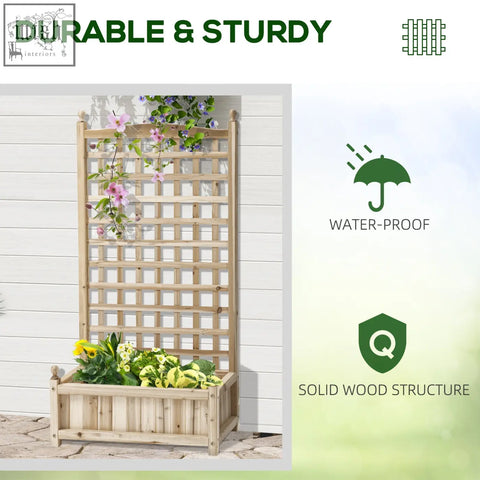 Light-colored wooden garden trellis with planter box and two leakage holes for outdoor climbing vines by outsunny