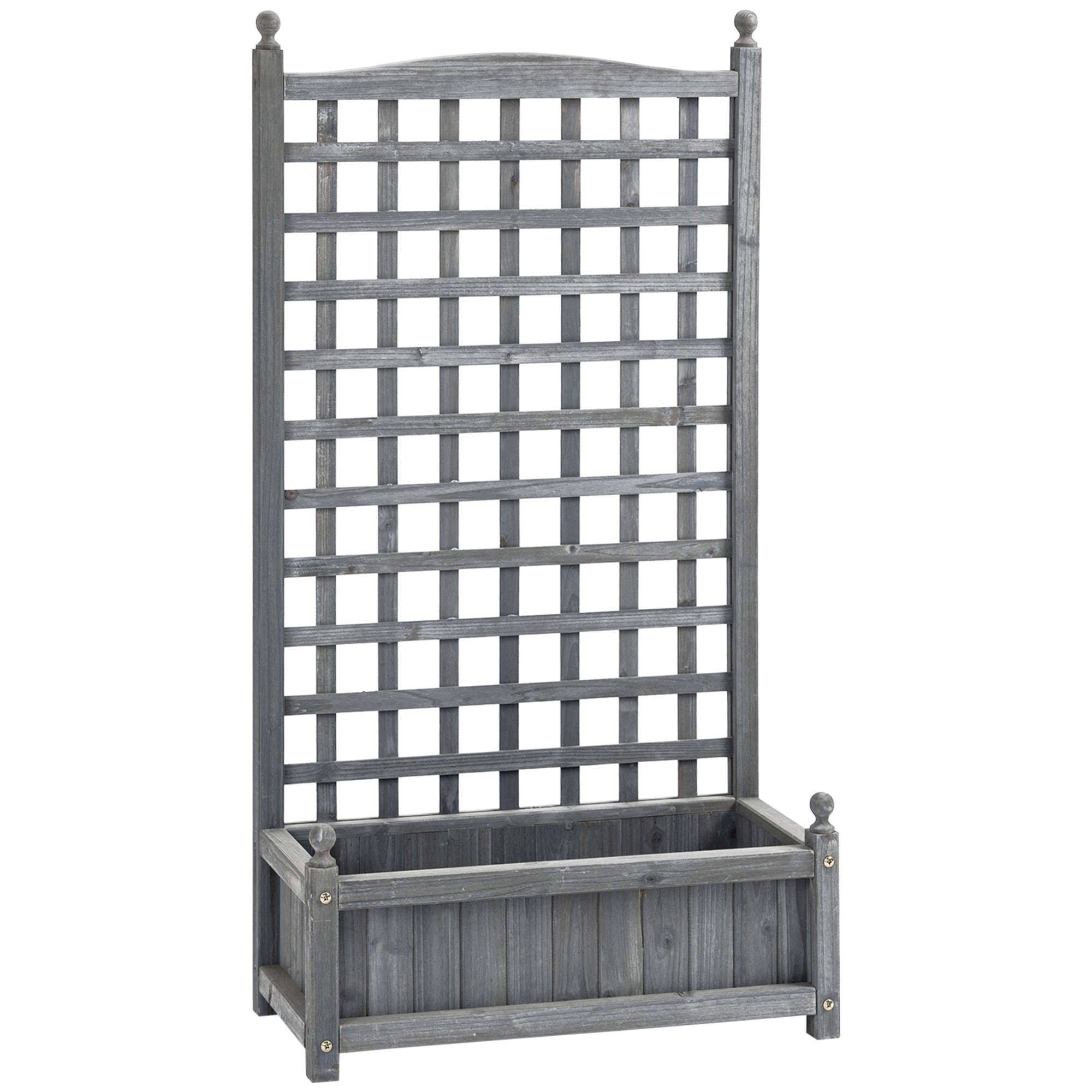 Gray wooden garden trellis with integrated planter box features two leakage holes for indoor outdoor use by Outsunny