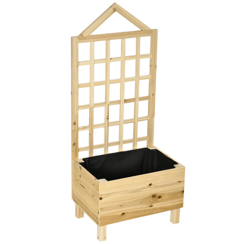 Light-colored wooden garden bed planter with lattice trellis top and black fabric bag lining for vine climbing