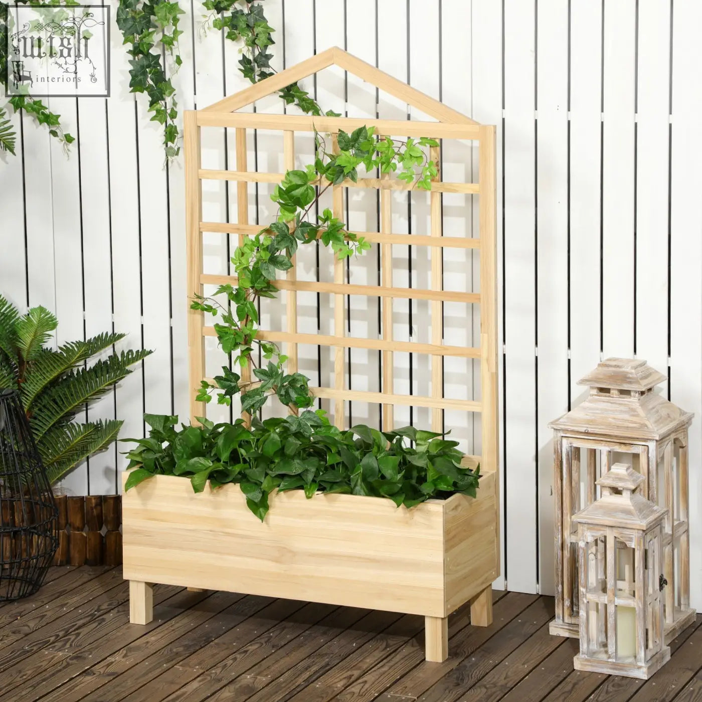 Outsunny garden bed with light wooden trellis and planter box in natural tone featuring ivy vines and water drainage design