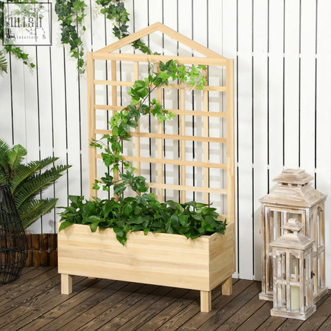 Outsunny garden bed with light wooden trellis and planter box in natural tone featuring ivy vines and water drainage design
