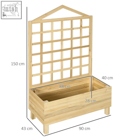 Light-colored wooden outsunny garden bed planter with distressed finish and trellis for vine climbing and water drainage