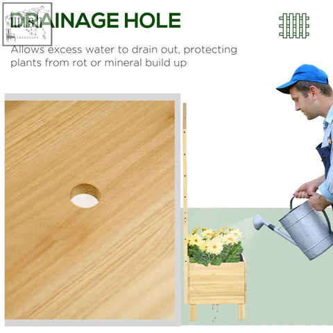 Light-colored wooden garden bed planter with circular water drainage hole for vine climbing and raised bed use