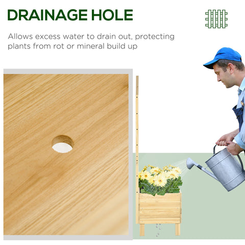 Light-colored wooden garden bed planter with circular drainage hole natural tone with trellis for vine climbing