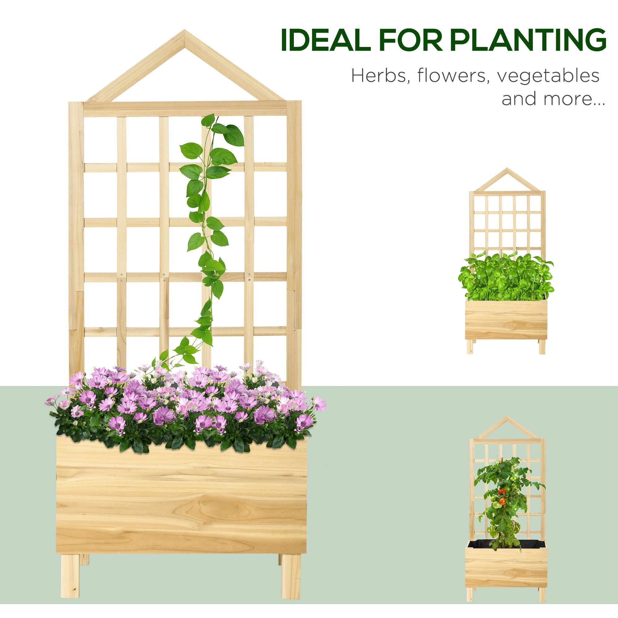 Light-colored wooden garden bed with trellis and built-in planter box in natural tone for vine climbing