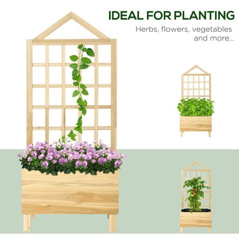 Light-colored wooden garden bed with trellis and built-in planter box in natural tone for vine climbing