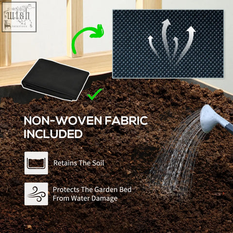 Black non-woven fabric garden bed liner inside outsunny wooden raised planter with trellis for water drainage