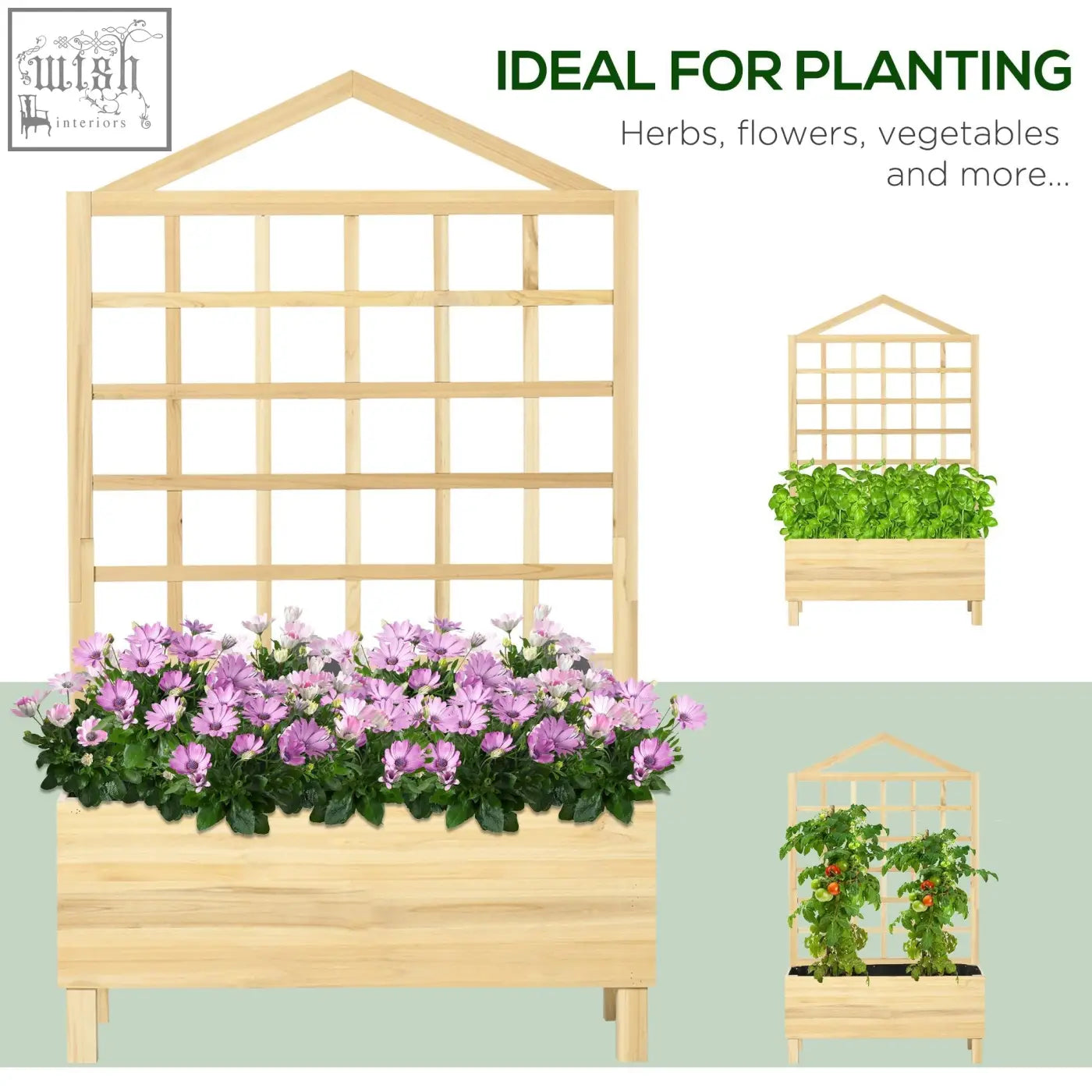 Outsunny garden bed with natural tone wooden planter box and house-shaped trellis for vine climbing and water drainage