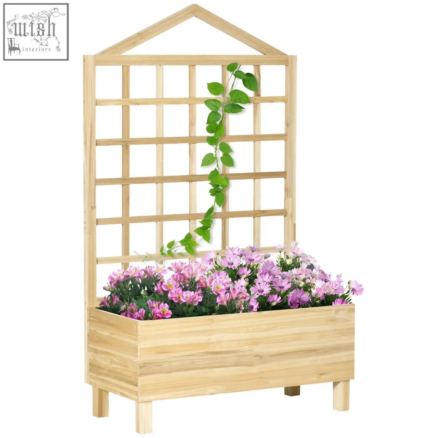 Natural tone light wooden garden bed with trellis and vertical vines, ideal for vine climbing with water drainage feature