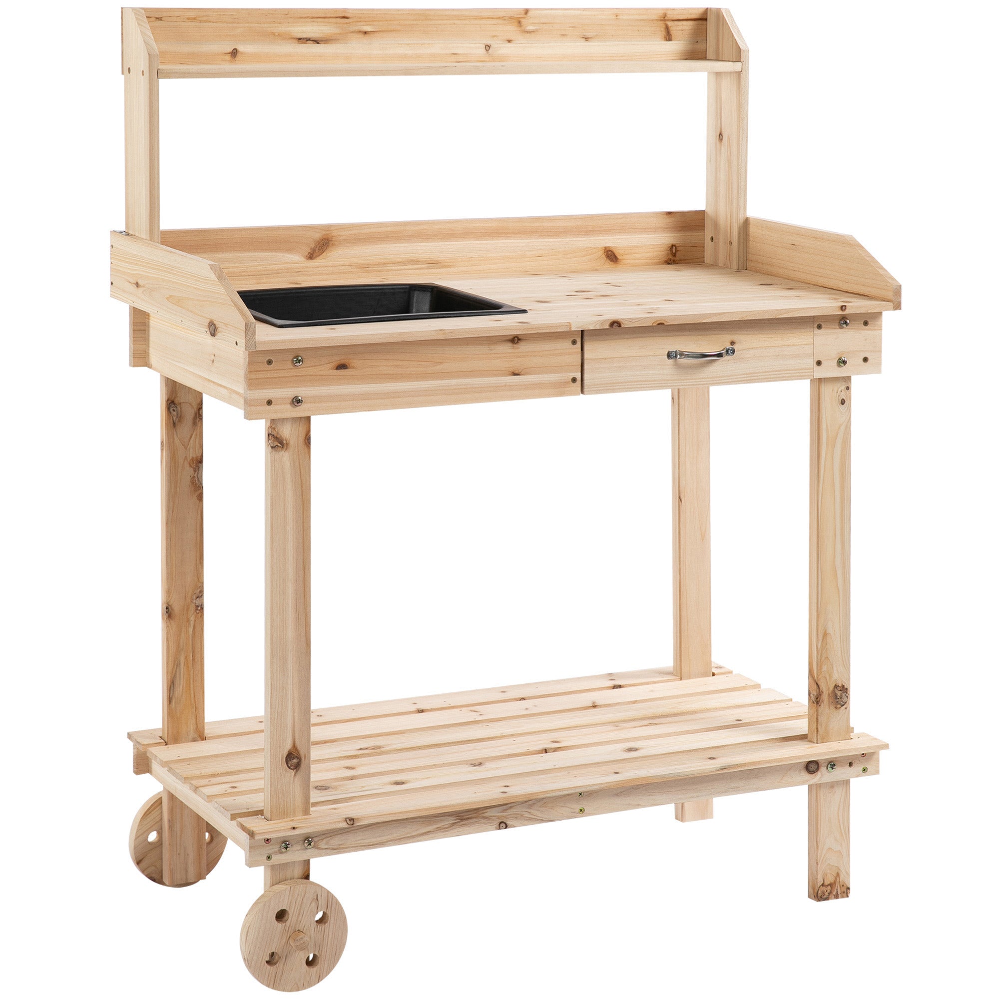 Light-colored wooden garden potting bench with black sink drawers and wheels for outdoor potting table use