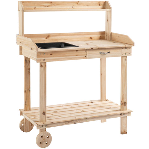 Light-colored wooden garden potting bench with black sink drawers and wheels for outdoor potting table use