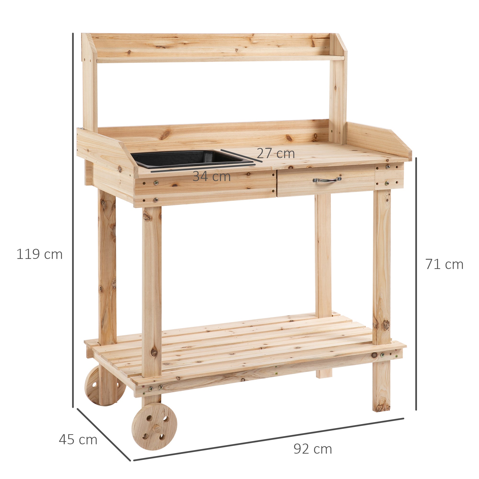 Light wooden garden potting bench with black sink two drawers wheels perfect for outdoor planting work station