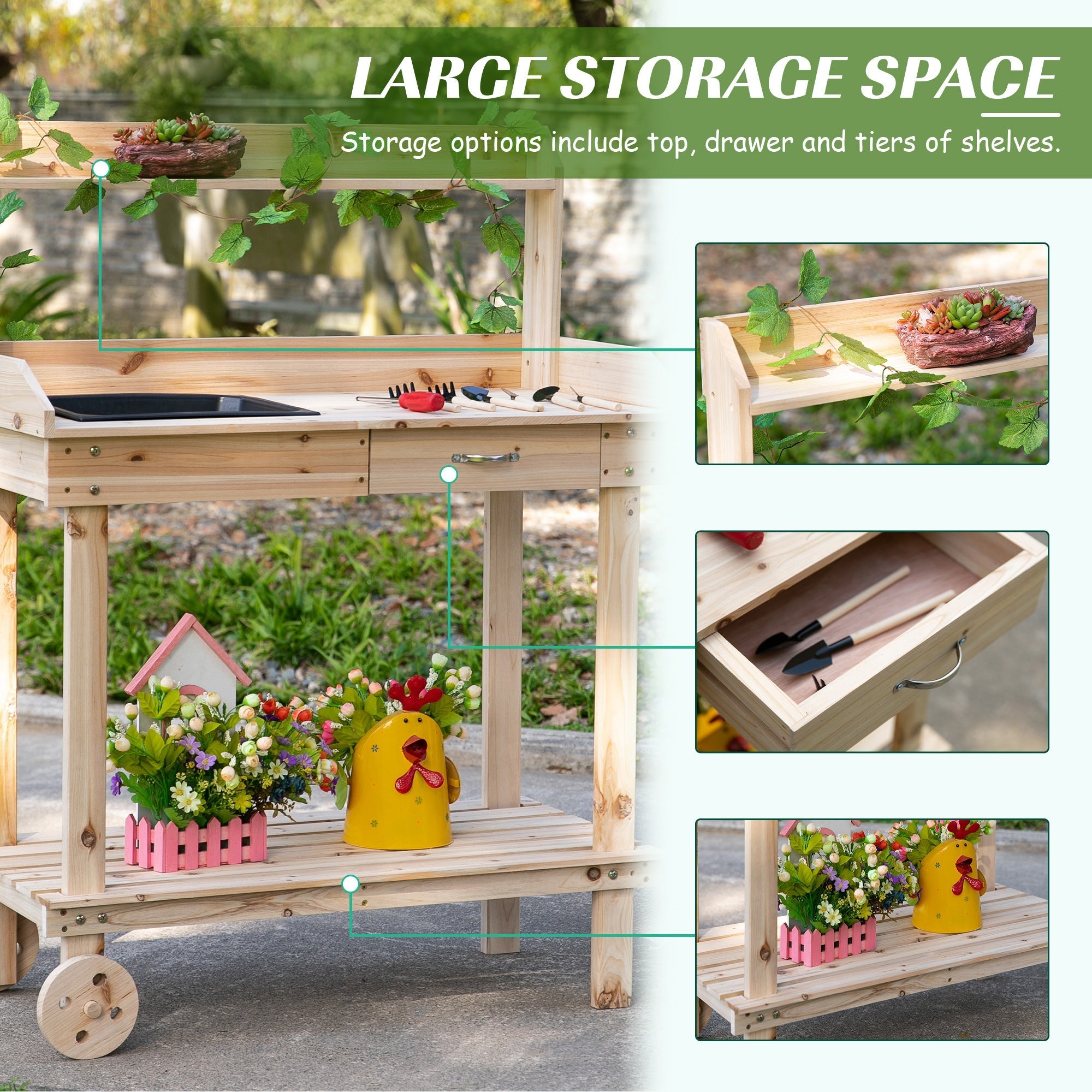 Light wooden outsunny garden potting bench with black sink, drawers, shelves, and wheels for outdoor potting table use