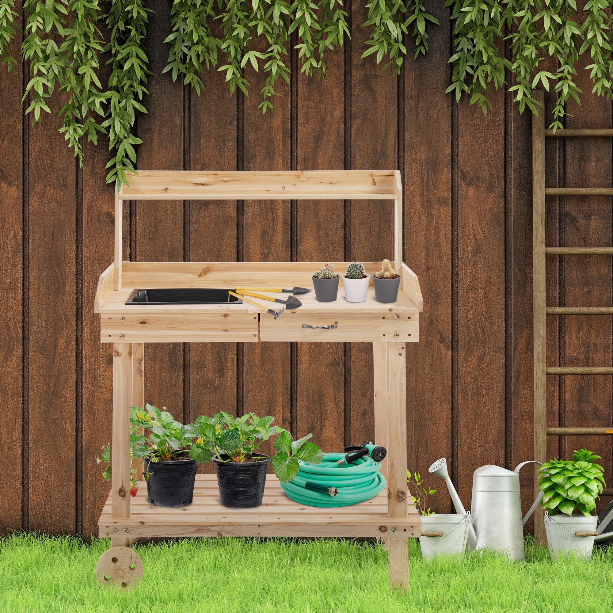 Light-colored wooden outsunny potting bench with sink basin, storage drawers, and two shelves for garden potting tasks