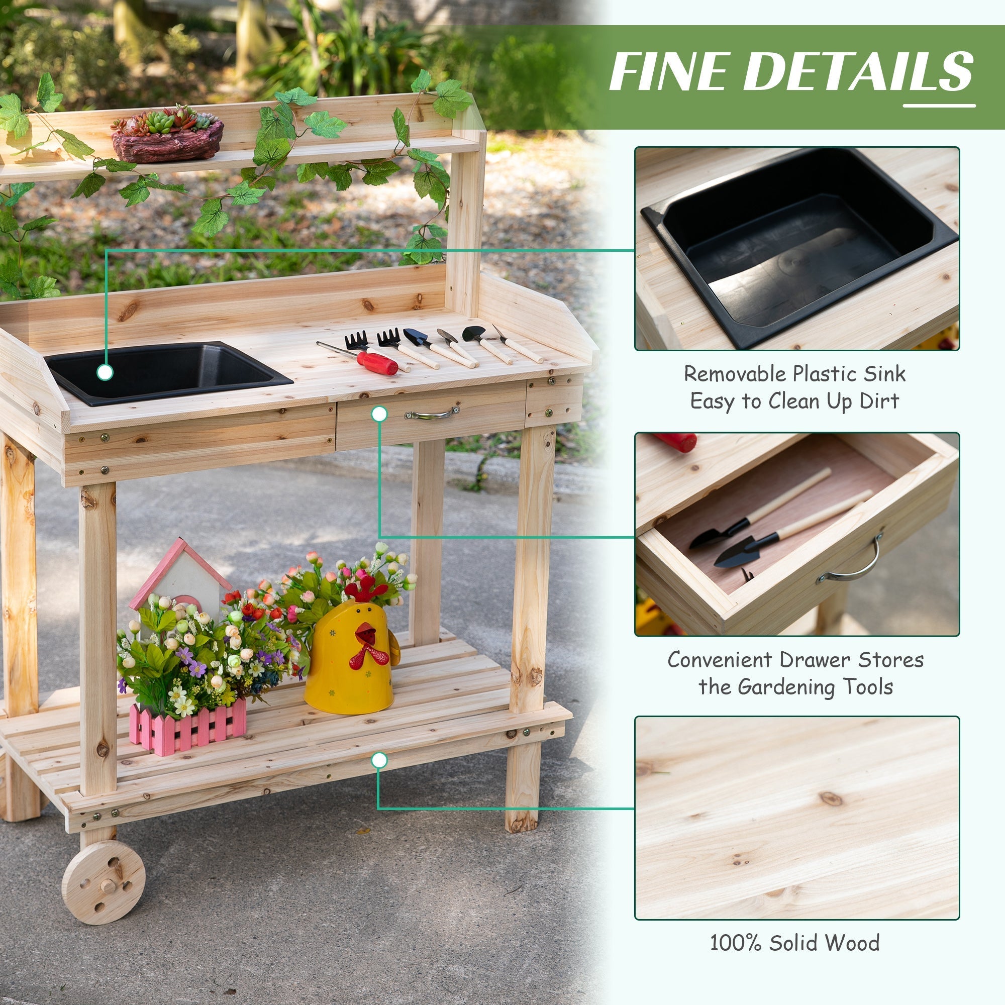 Light-colored wooden potting bench with black plastic sink and drawers for garden potting and tool storage