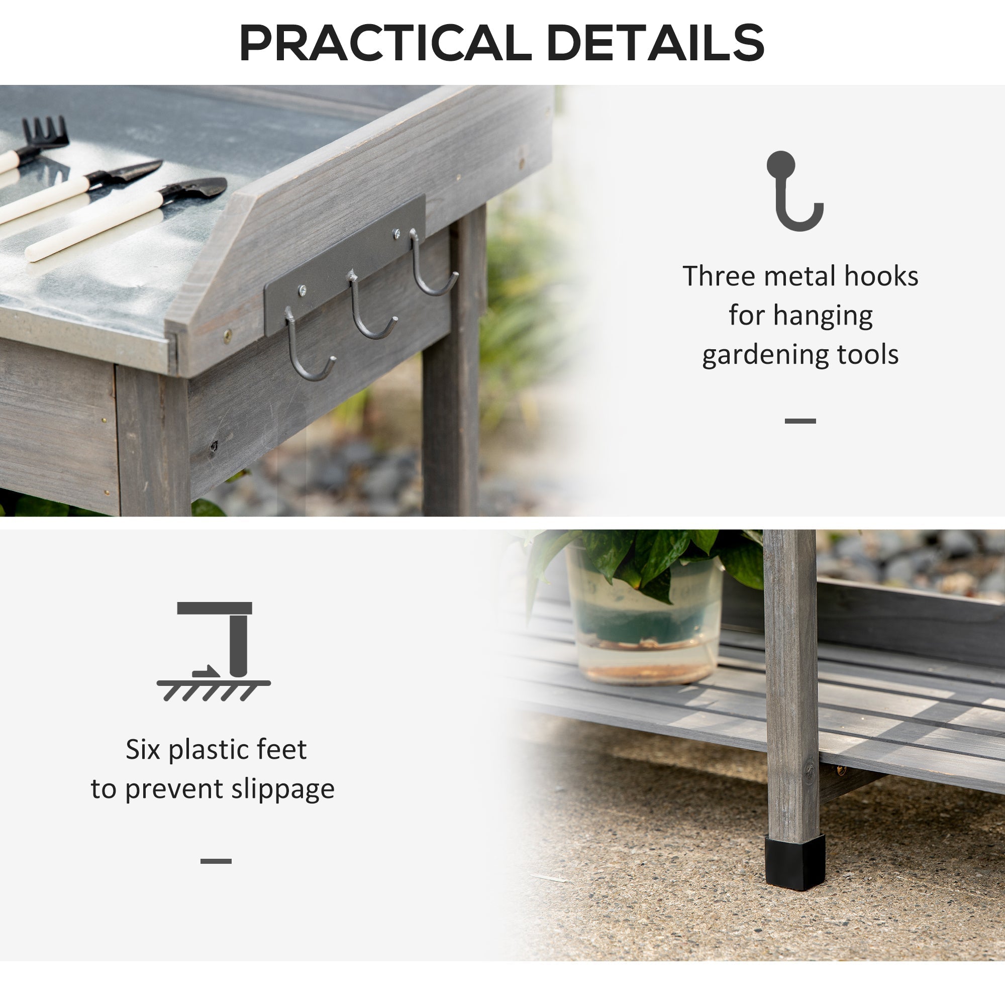 Gray wooden outsunny garden potting table with metal hooks six plastic feet and galvanized metal tabletop