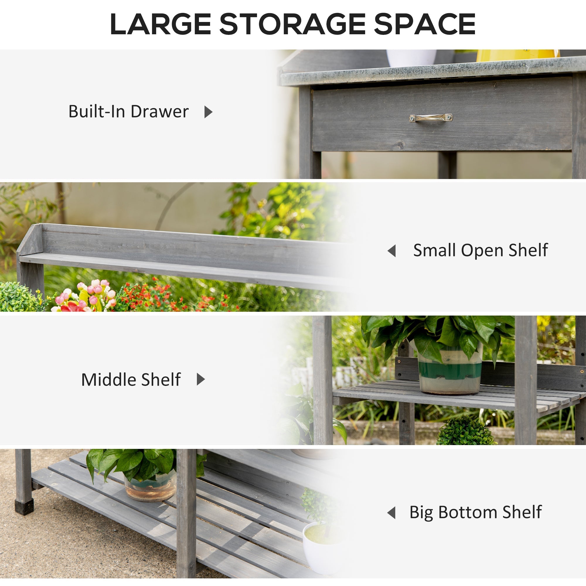 Gray wooden garden potting table with galvanized metal tabletop, built-in drawer, shelves, and hooks for outdoor use