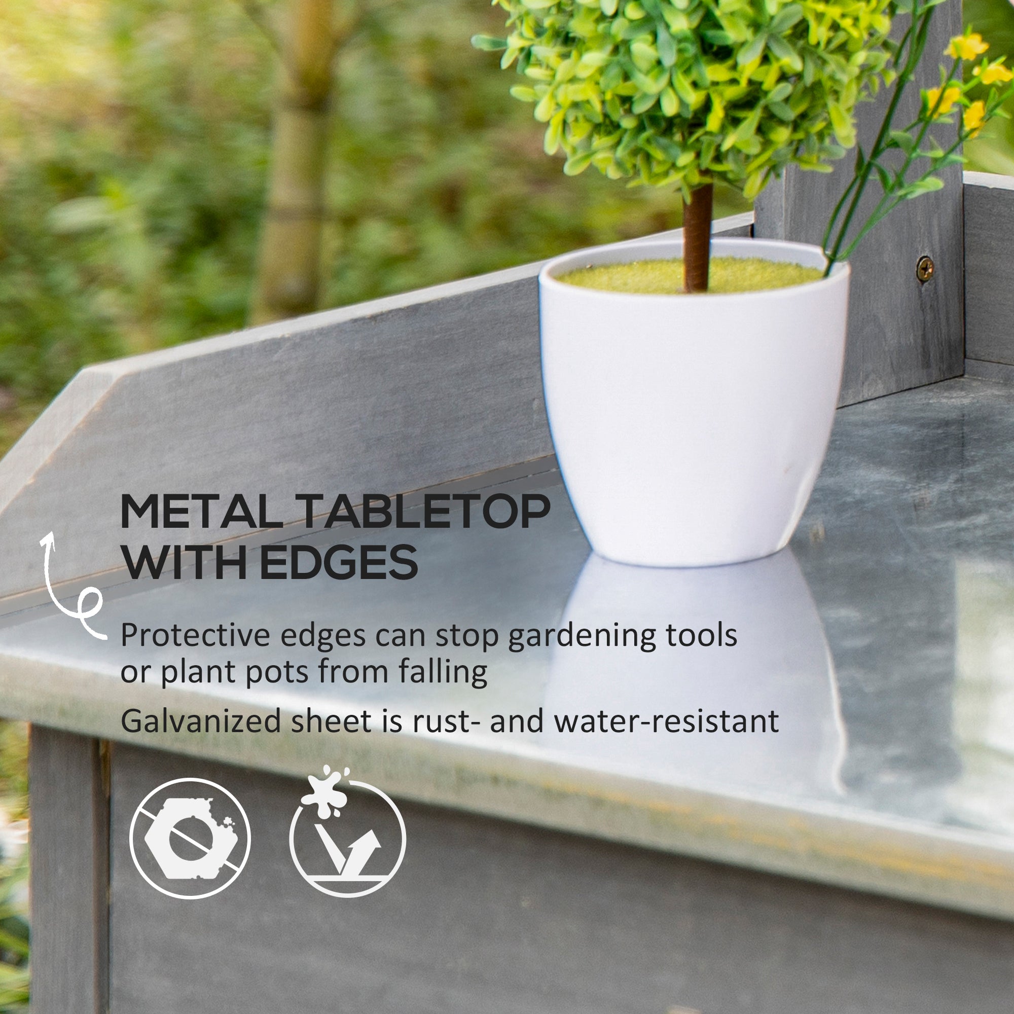 White ceramic planter with green bush and yellow flowers on outsunny garden potting table with metal top and storage shelves