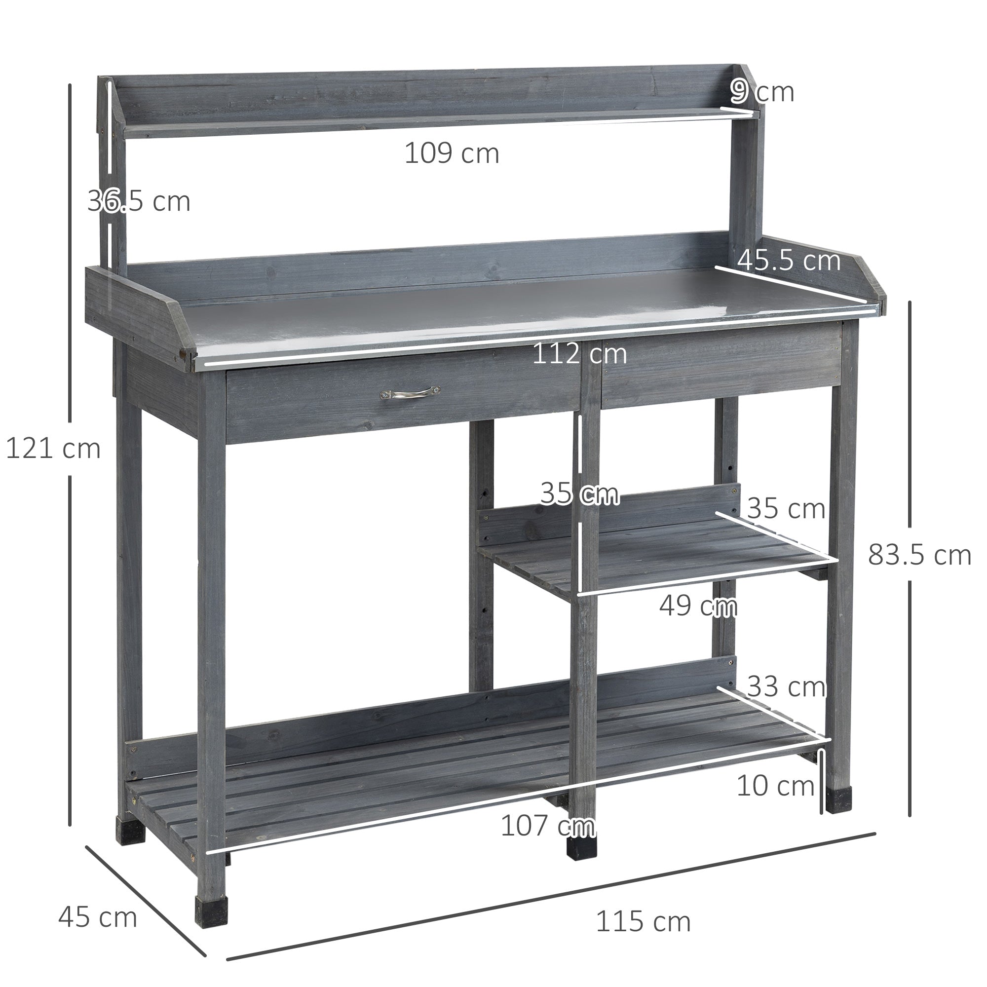 Gray wooden garden potting table with galvanized metal countertop, drawer, shelves, and hooks for outdoor use