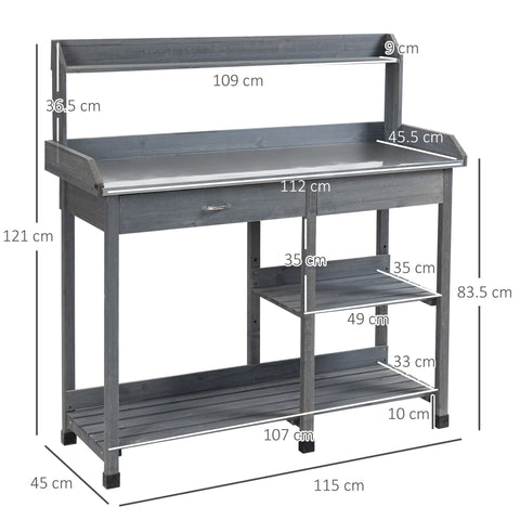 Gray wooden garden potting table with galvanized metal countertop, drawer, shelves, and hooks for outdoor use