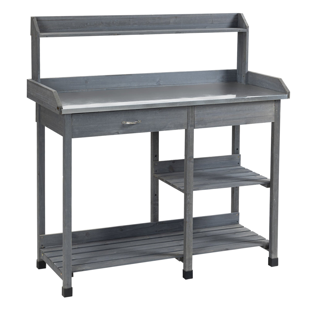 Gray wooden garden potting table with galvanized metal countertop, shelves, drawer, and hooks for outdoor use