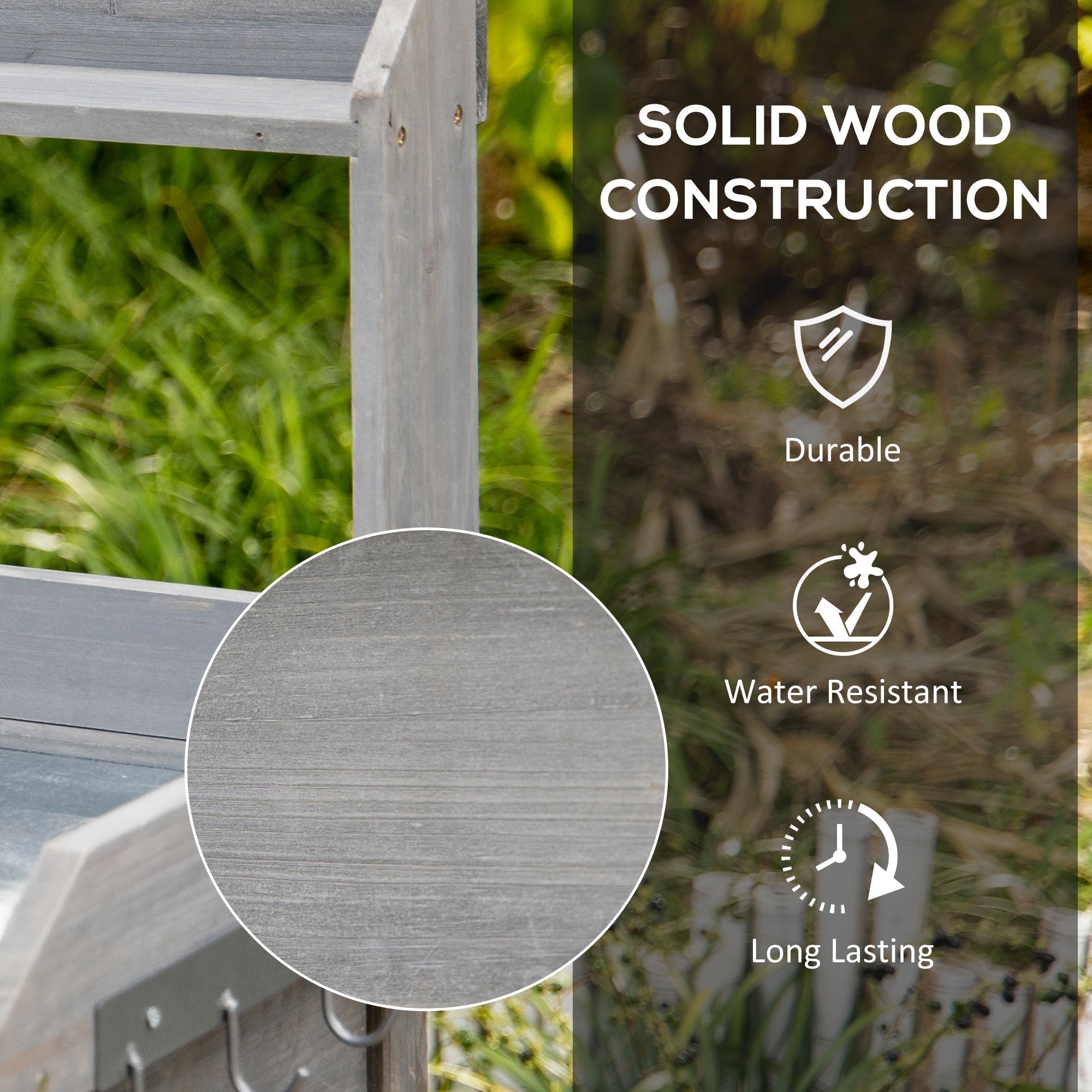 Gray wood garden potting table with solid construction and water-resistant finish for patios and balconies