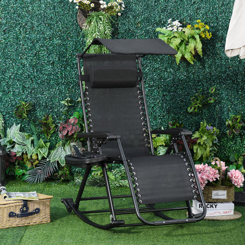 Black outsunny garden rocking chair with powder-coated steel frame canopy recliner and side table for outdoor use