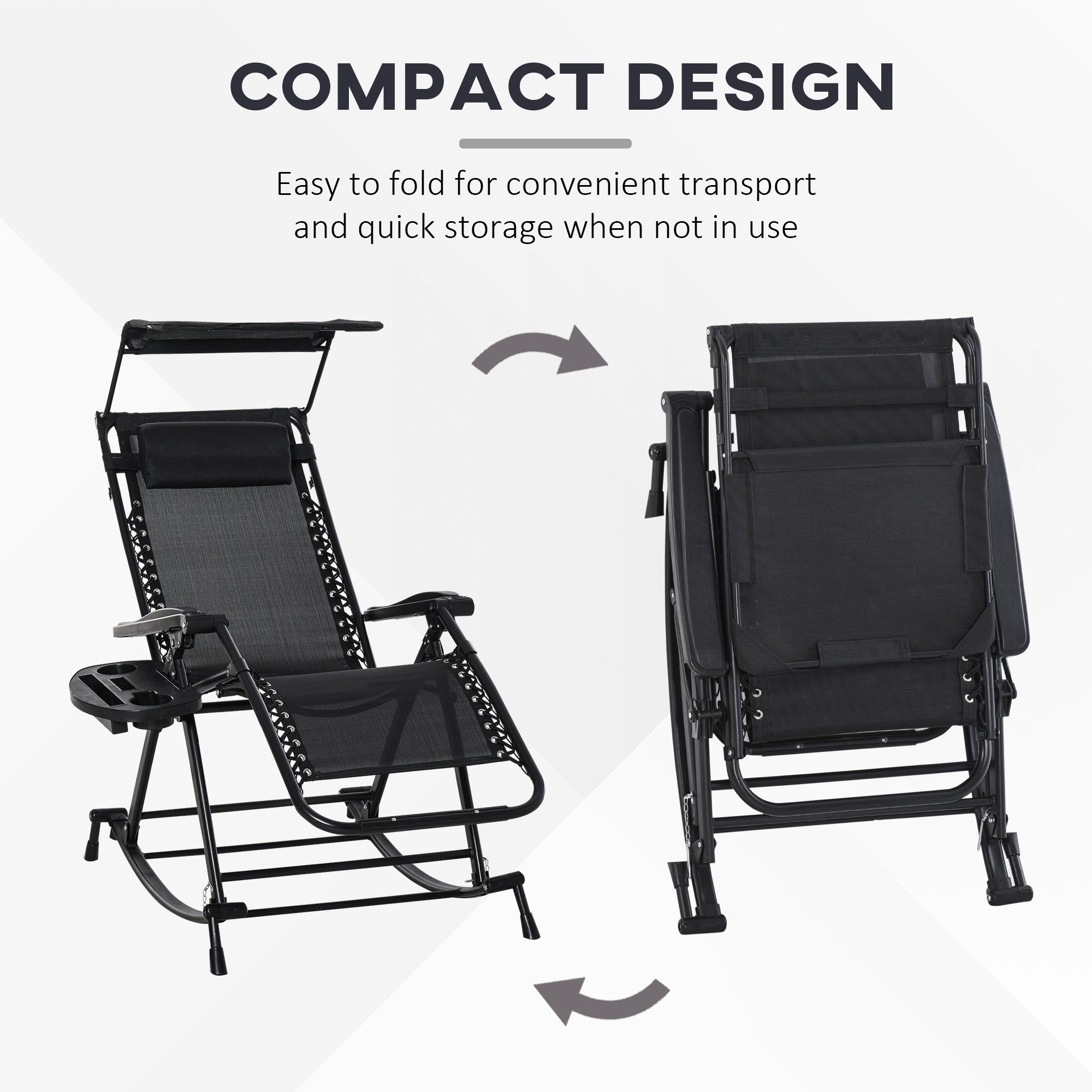 Black garden rocking chair with mesh seat, powder-coated steel frame, folding recliner, and sun canopy