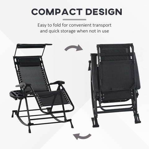 Black garden rocking chair with mesh seat, powder-coated steel frame, folding recliner, and sun canopy