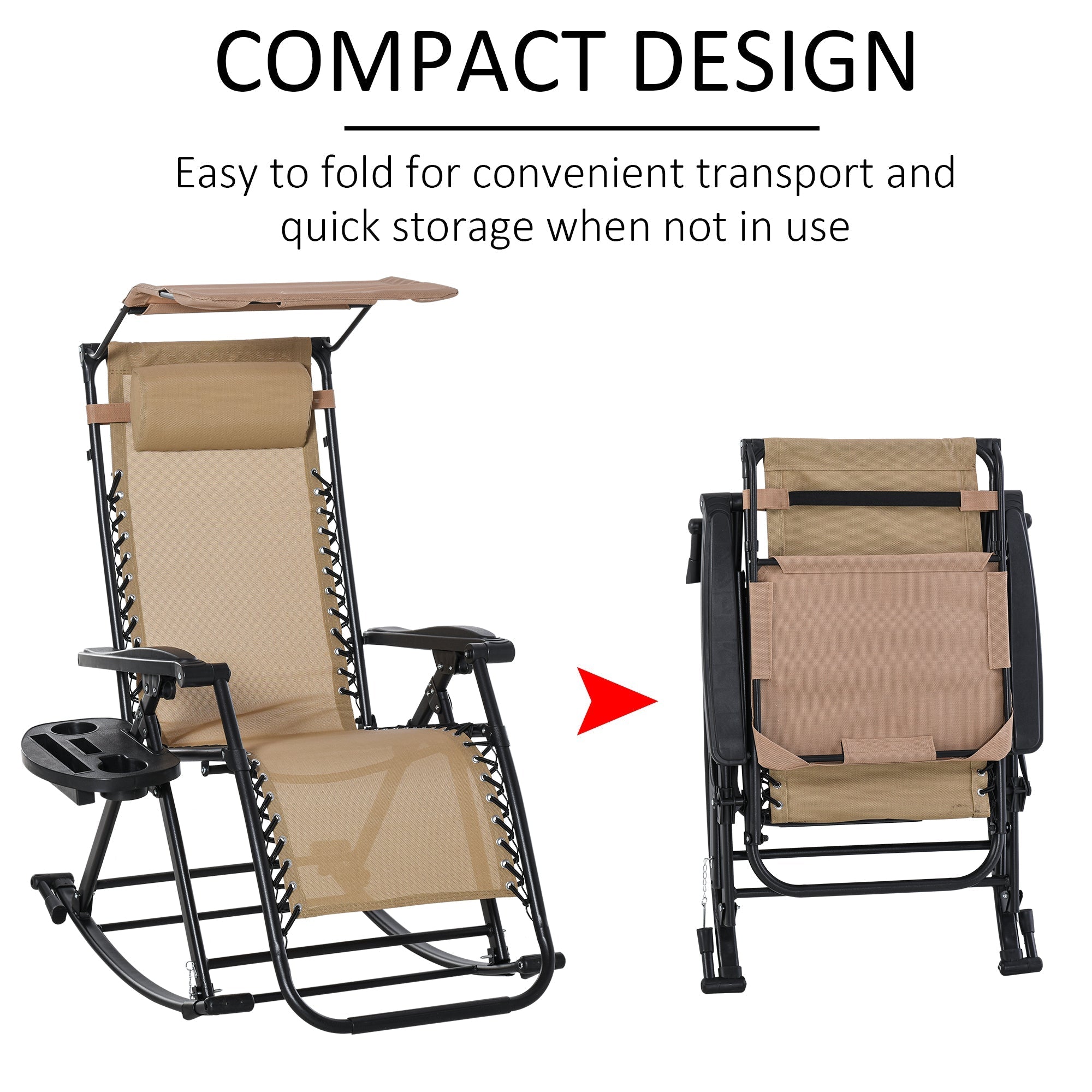Beige fabric garden rocking chair with built-in canopy and powder-coated steel frame for outdoor lounging