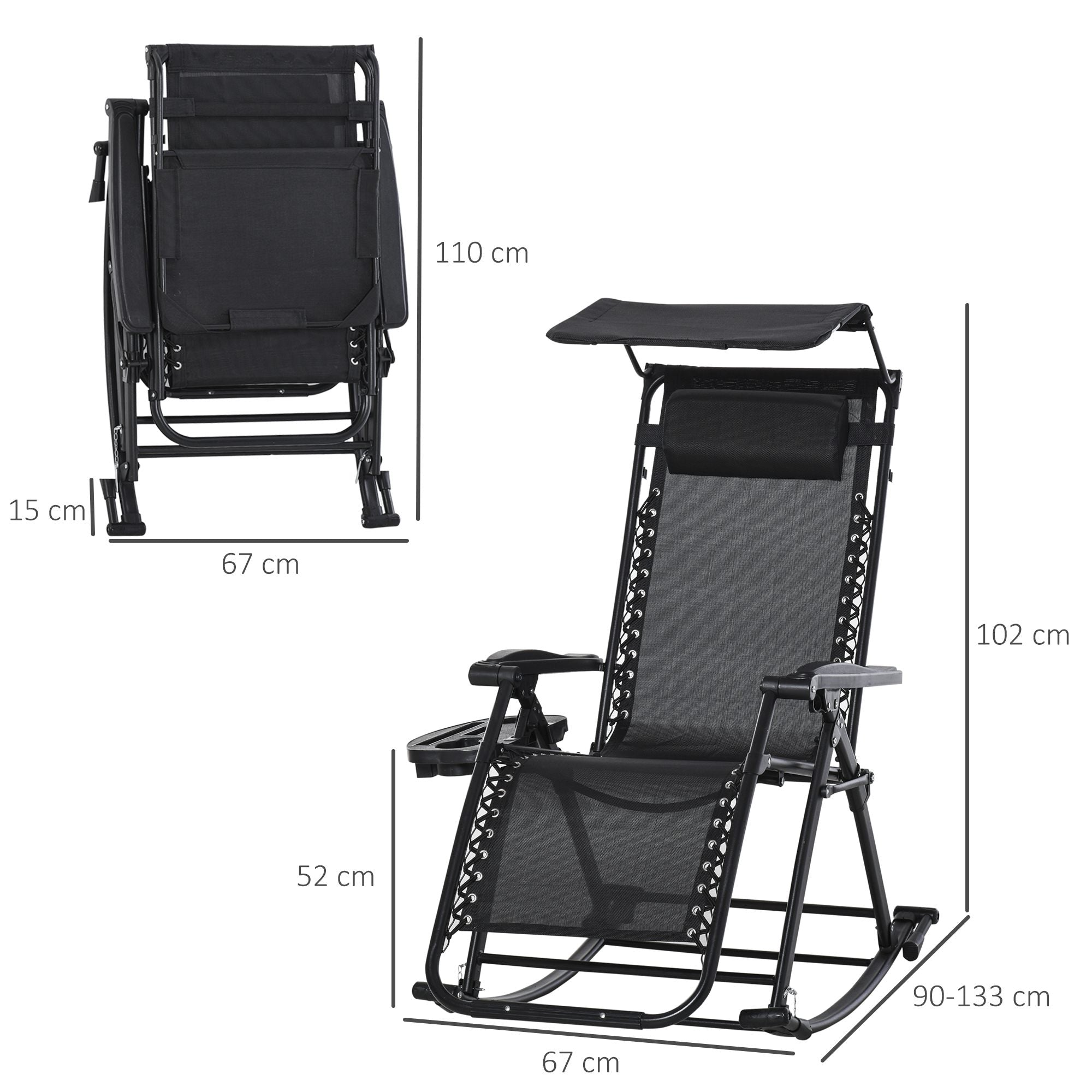 Black mesh garden rocking chair with powder-coated steel frame canopy and side table for outdoor patio use