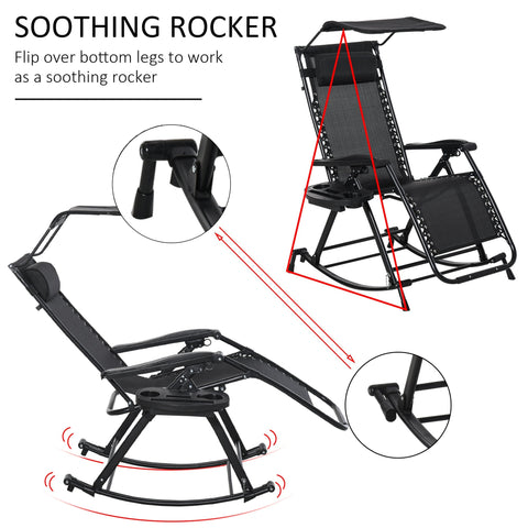 Black garden rocking chair with powder-coated steel frame mesh seat adjustable recline and built-in canopy for shade