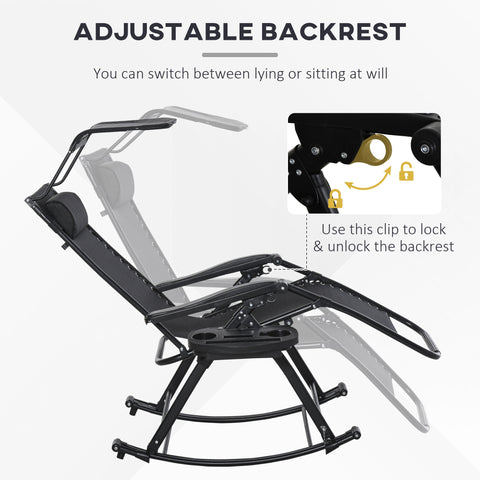 Black adjustable reclining garden rocking chair with powder-coated steel frame and padded seat for outdoor use