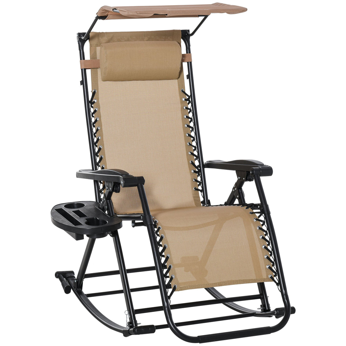 Beige fabric garden rocking chair with powder-coated steel frame and attached canopy for outdoor relaxing