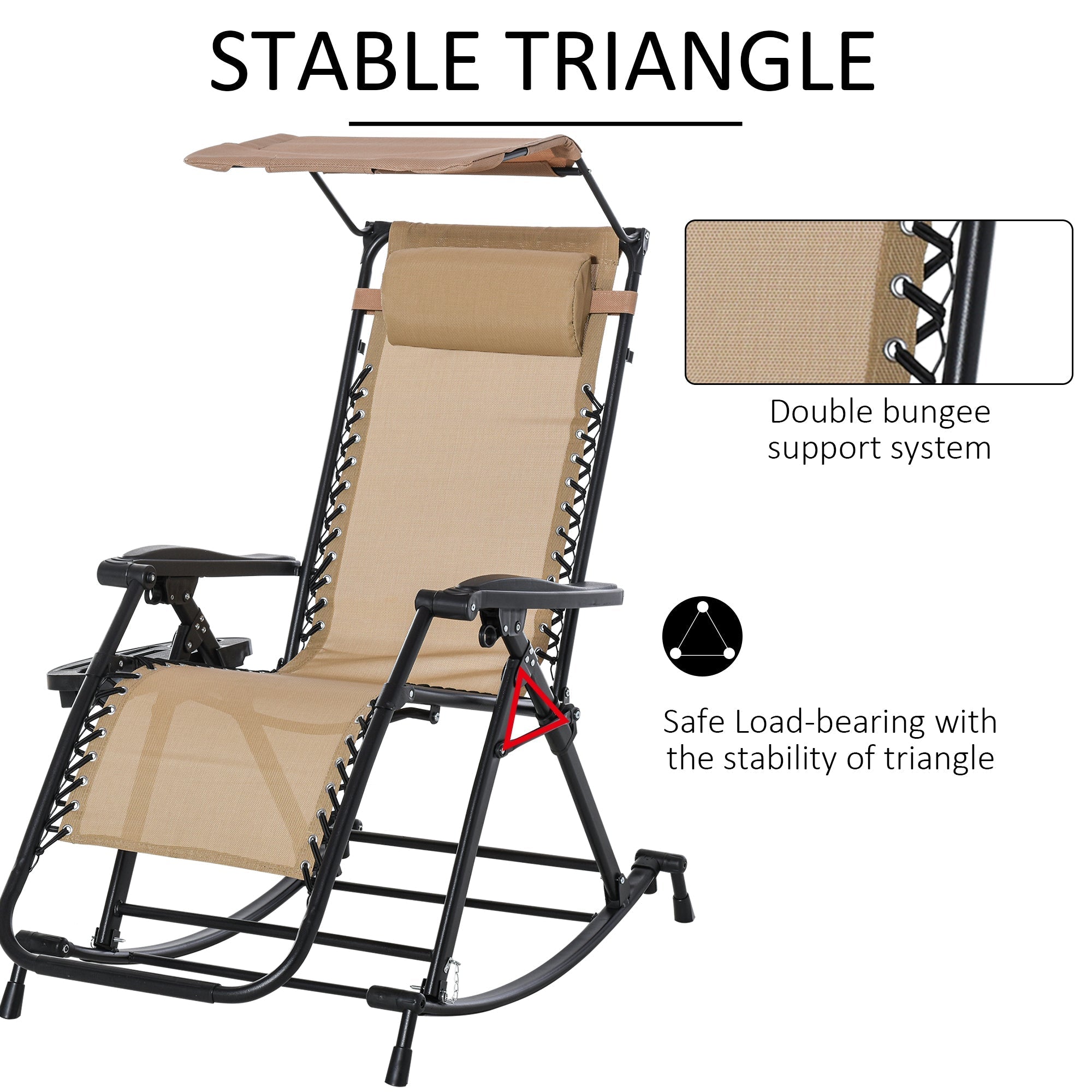 Beige garden rocking fabric recliner chair with powder-coated steel frame and canopy for outdoor patio use
