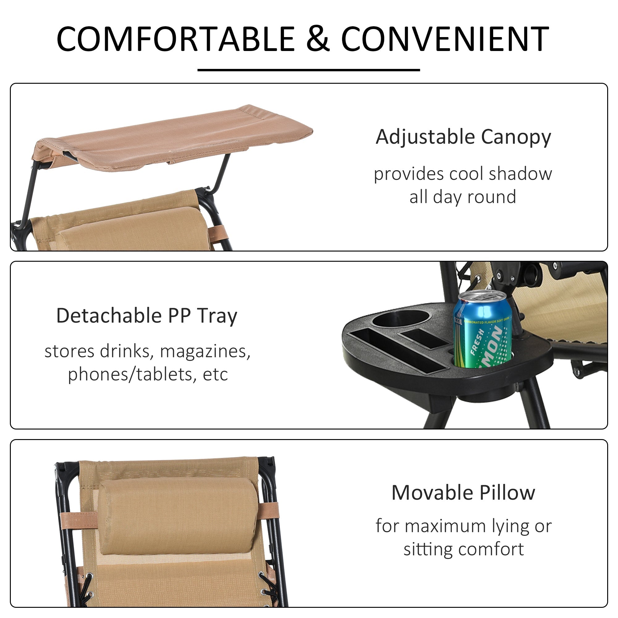 Tan fabric folding garden rocking chair with adjustable canopy detachable tray and powder-coated steel frame