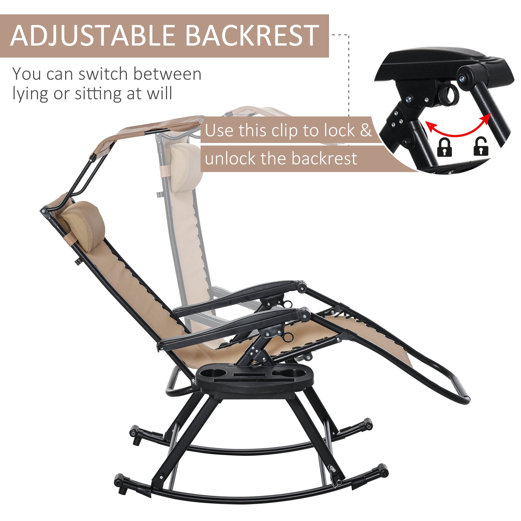 Beige garden rocking chair with powder-coated steel frame, tan fabric, adjustable backrest, and headrest side holder