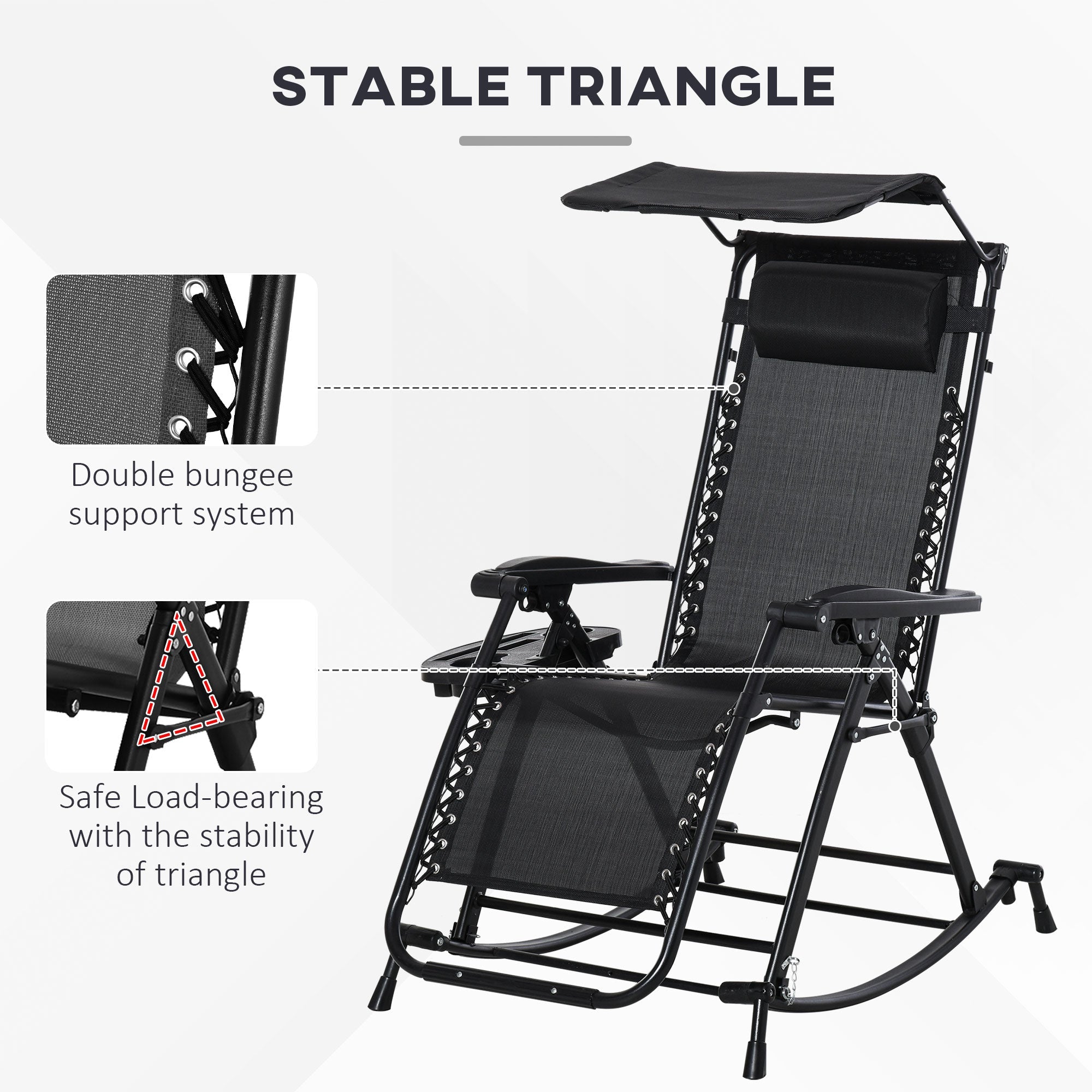 Black garden rocking chair with powder-coated steel frame canopy and adjustable reclining zero-gravity seat