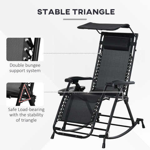 Black garden rocking chair with powder-coated steel frame canopy and adjustable reclining zero-gravity seat