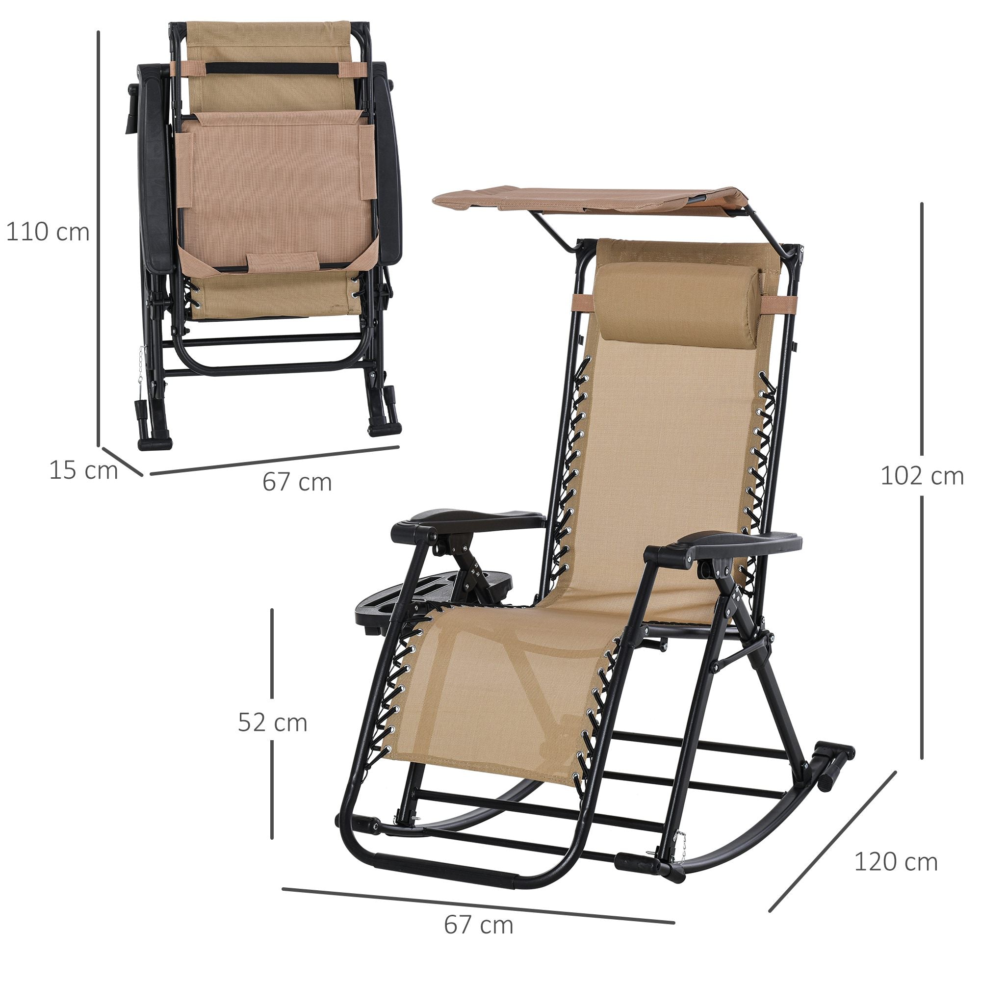 Beige fabric garden rocking chair with powder-coated steel frame and attached sun canopy for outdoor lounging