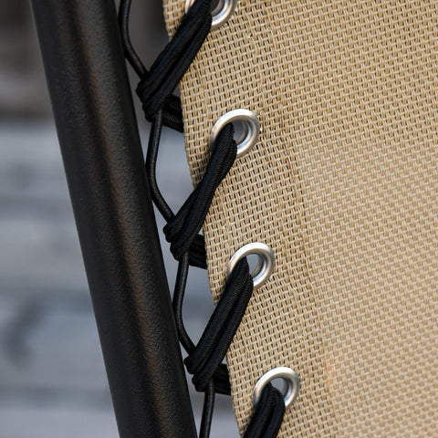 Beige woven mesh fabric with black elastic cords and silver grommets on a powder-coated steel frame garden rocking chair
