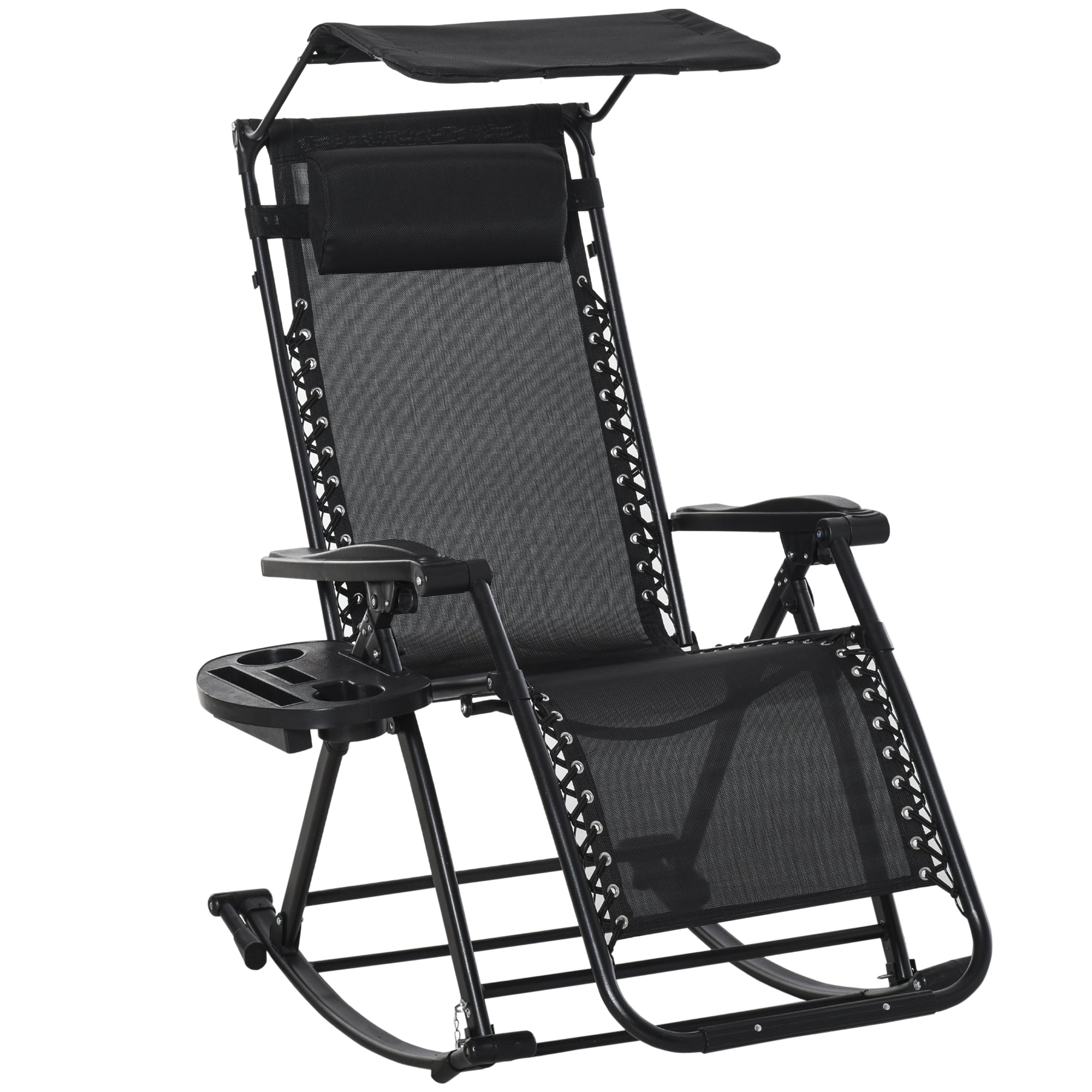 Black mesh garden rocking chair with powder-coated steel frame, canopy, side table, and adjustable recliner features
