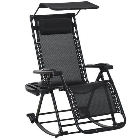 Black mesh garden rocking chair with powder-coated steel frame, canopy, side table, and adjustable recliner features