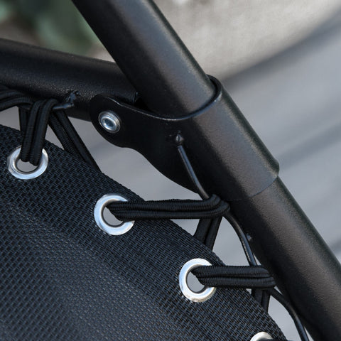 Black mesh fabric with silver grommets and elastic cords on a powder-coated steel frame garden rocking chair