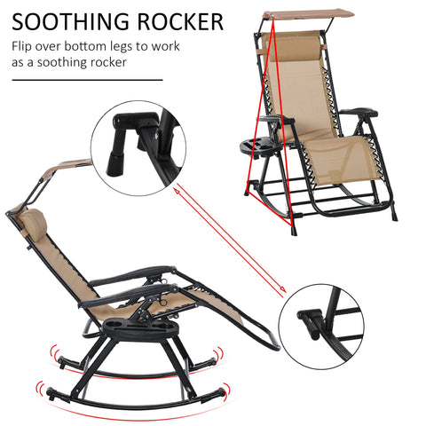 Beige outsunny garden rocking chair with powder-coated steel frame canopy and headrest for outdoor relaxation