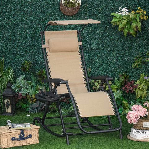 Beige fabric recliner chair with powder-coated steel frame and integrated canopy garden rocking for outdoor use