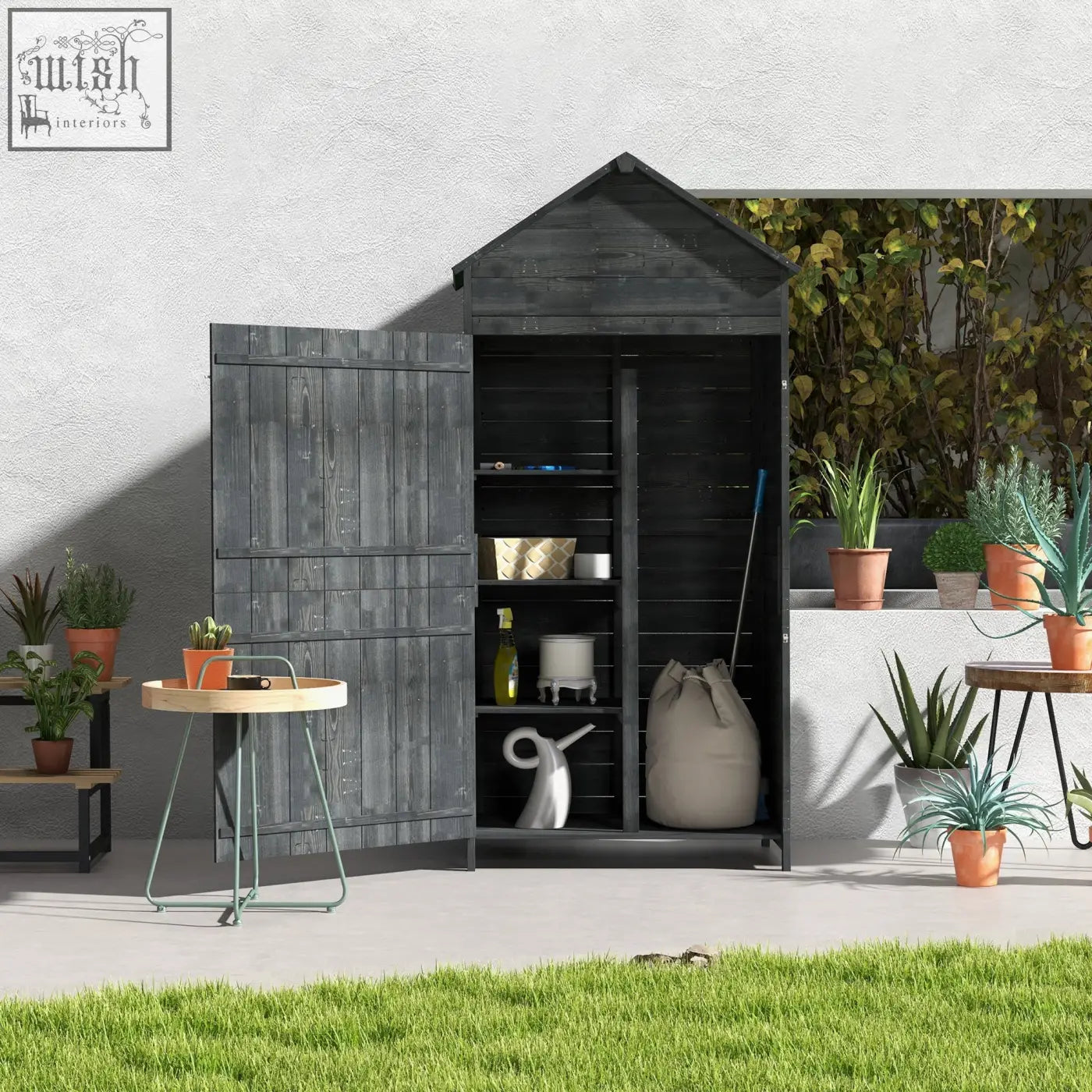 Dark gray fir wood garden shed with sloped roof and open door showing 4-tier shelves for outdoor spaces storage
