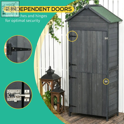 Dark gray fir wood outdoor garden shed with green sloped roof and black metal hardware for organized outdoor spaces